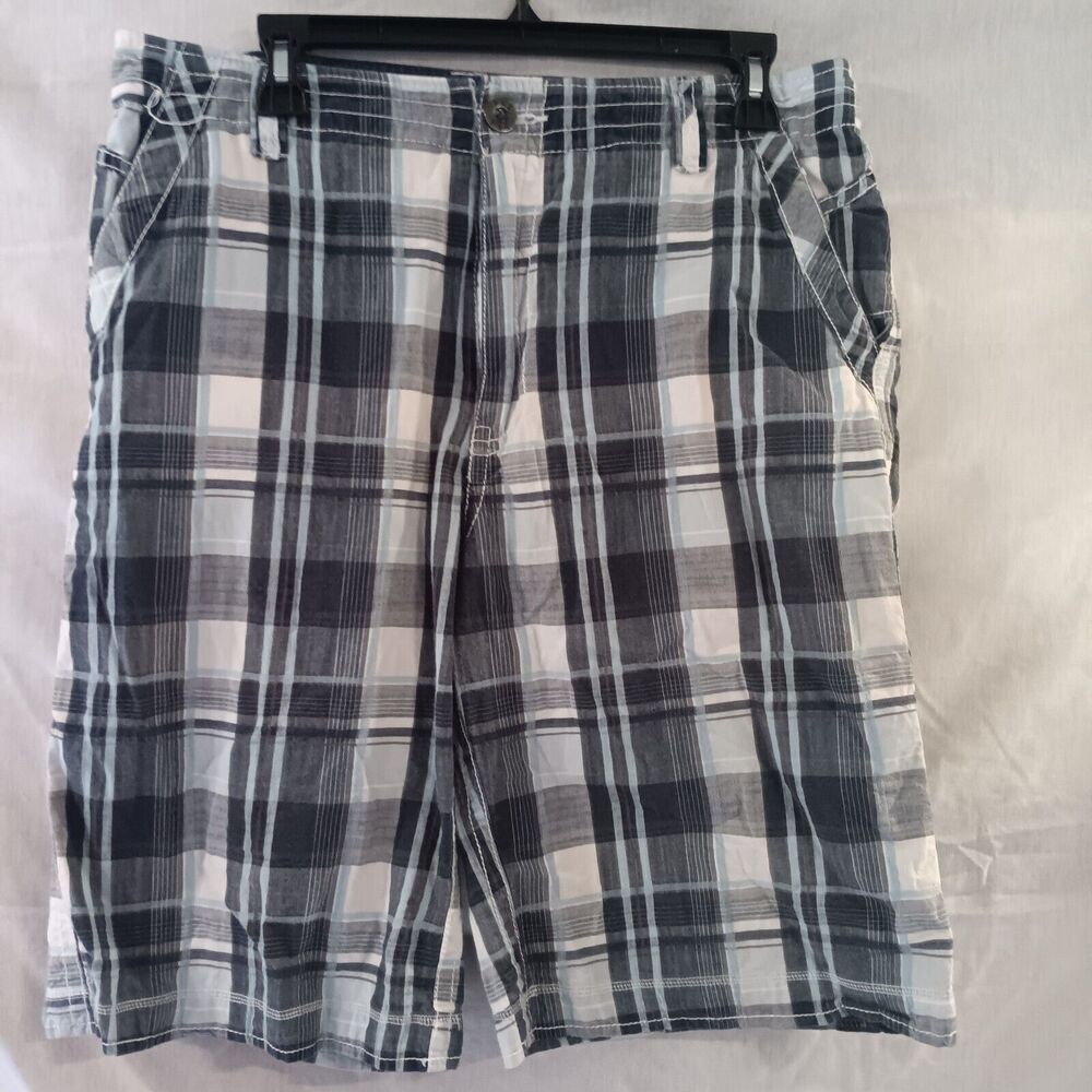 Buckle Black and White Plaid Men's Flat Front Shorts